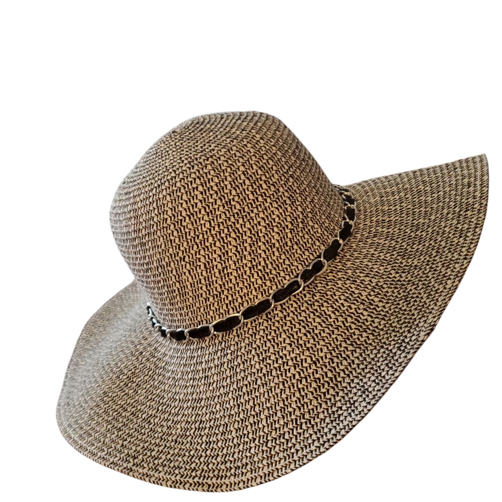 Wide-Brim Hat with Black Chain Detail